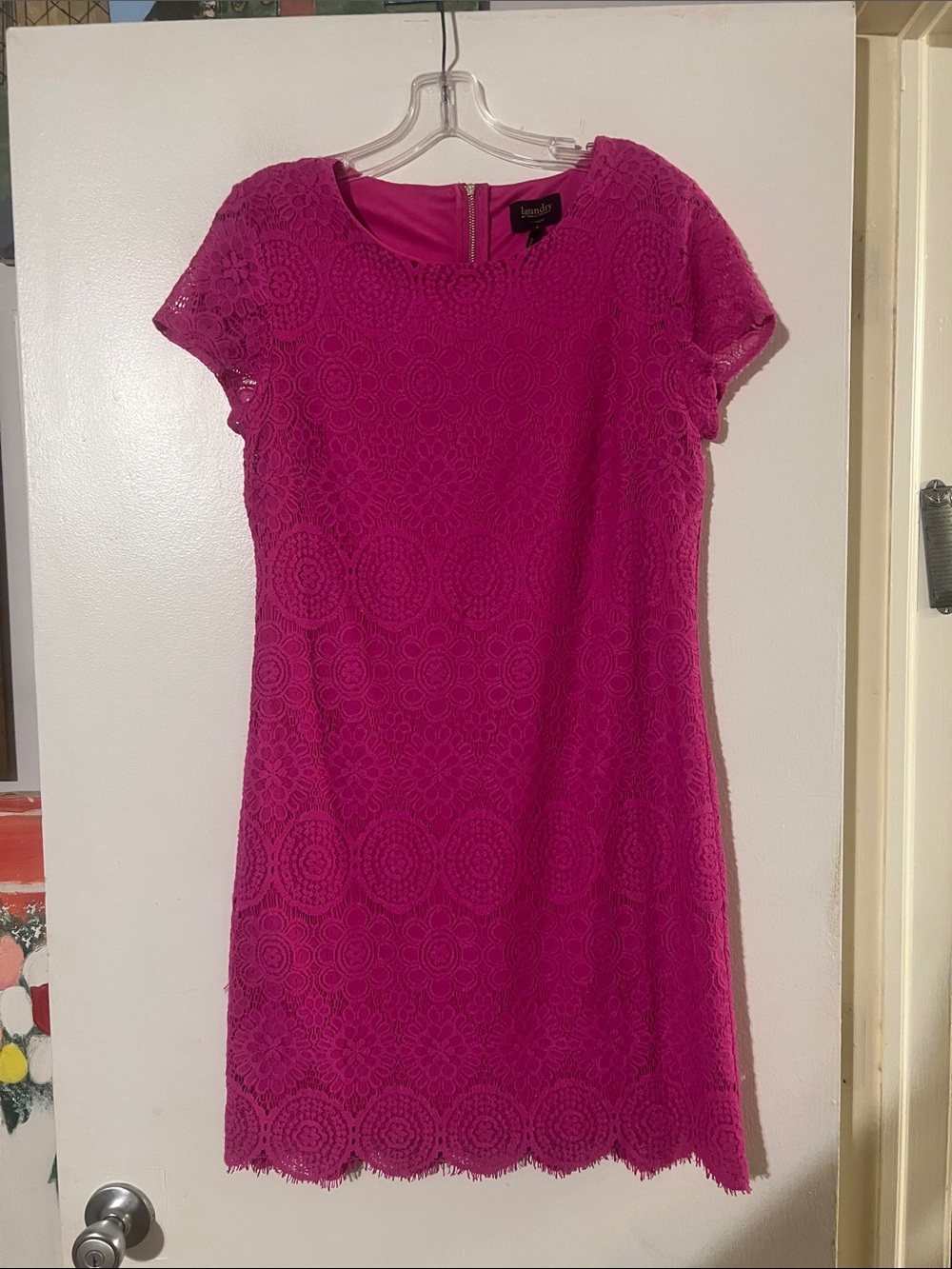 Laundry Shelli Segal pink cap sleeve crochet dress. Back zip closure.